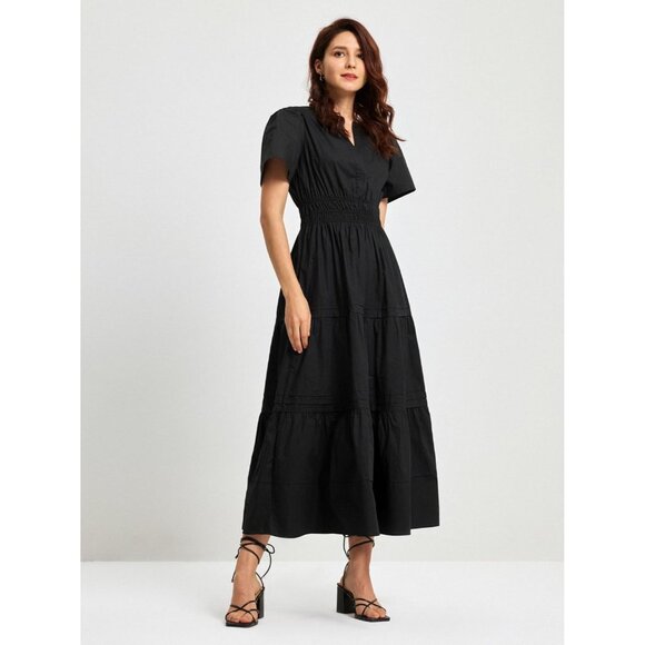 Women's Black Cotton Maxi Dress with V Neck Short Sleeves Flowy Summer - Picture 2 of 6